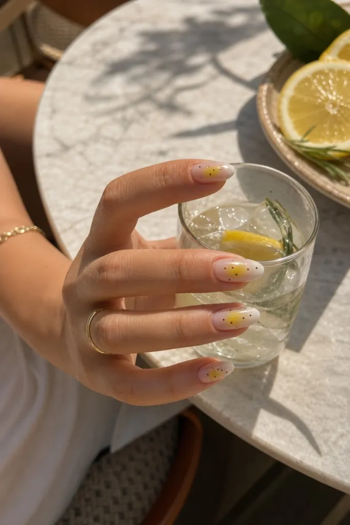 Lemon Aura Dots nails for summer. Summer vibes nails 2026 with yellow aura tips and black dot accents.