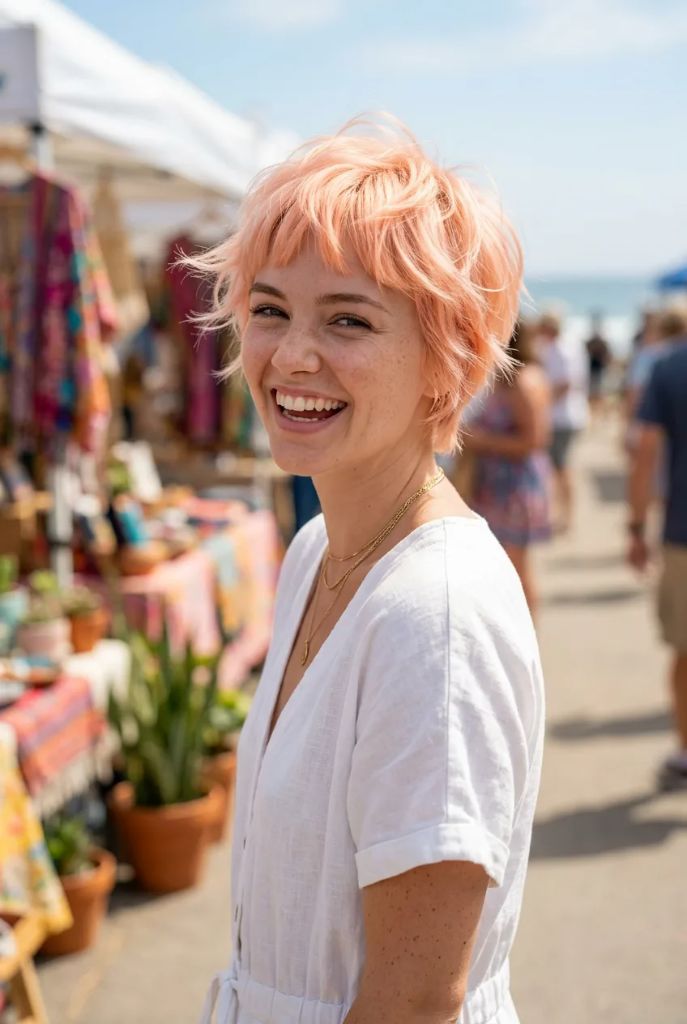 Shaggy peach-pink bixie pixie cut with textured layers at a sunny outdoor market