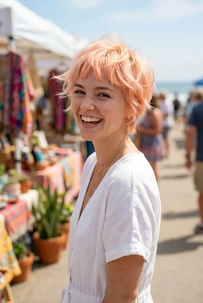 Shaggy peach-pink bixie pixie cut with textured layers at a sunny outdoor market