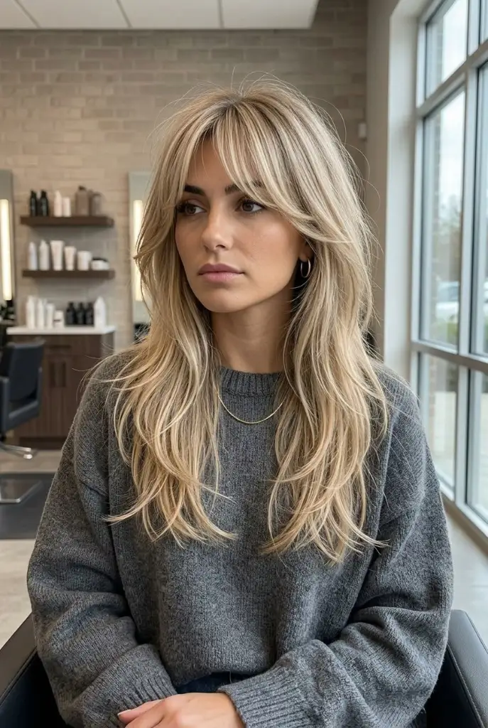 Blonde layered shag with curtain bangs in a salon chair with natural light