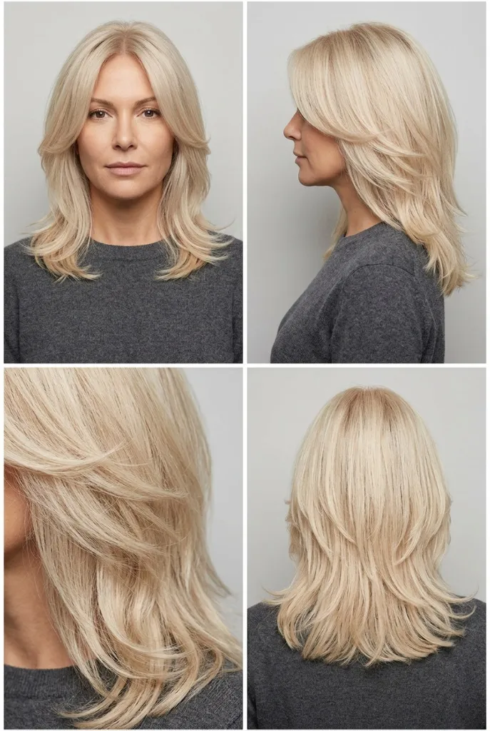 Platinum blonde layered medium-length hair with soft flipped ends, four-angle professional view