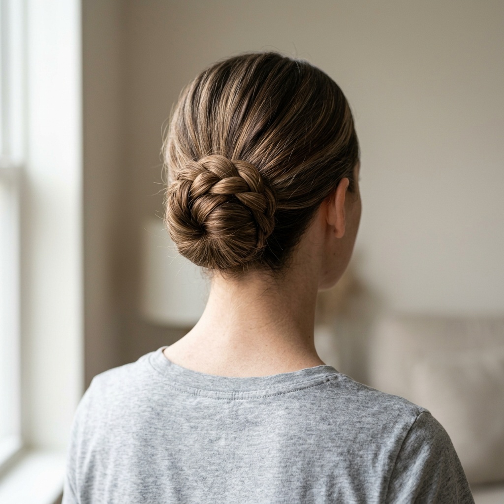 Braided knot bun — light brunette hair braided and coiled into a neat low bun, viewed from behind, grey t-shirt, soft daylight
