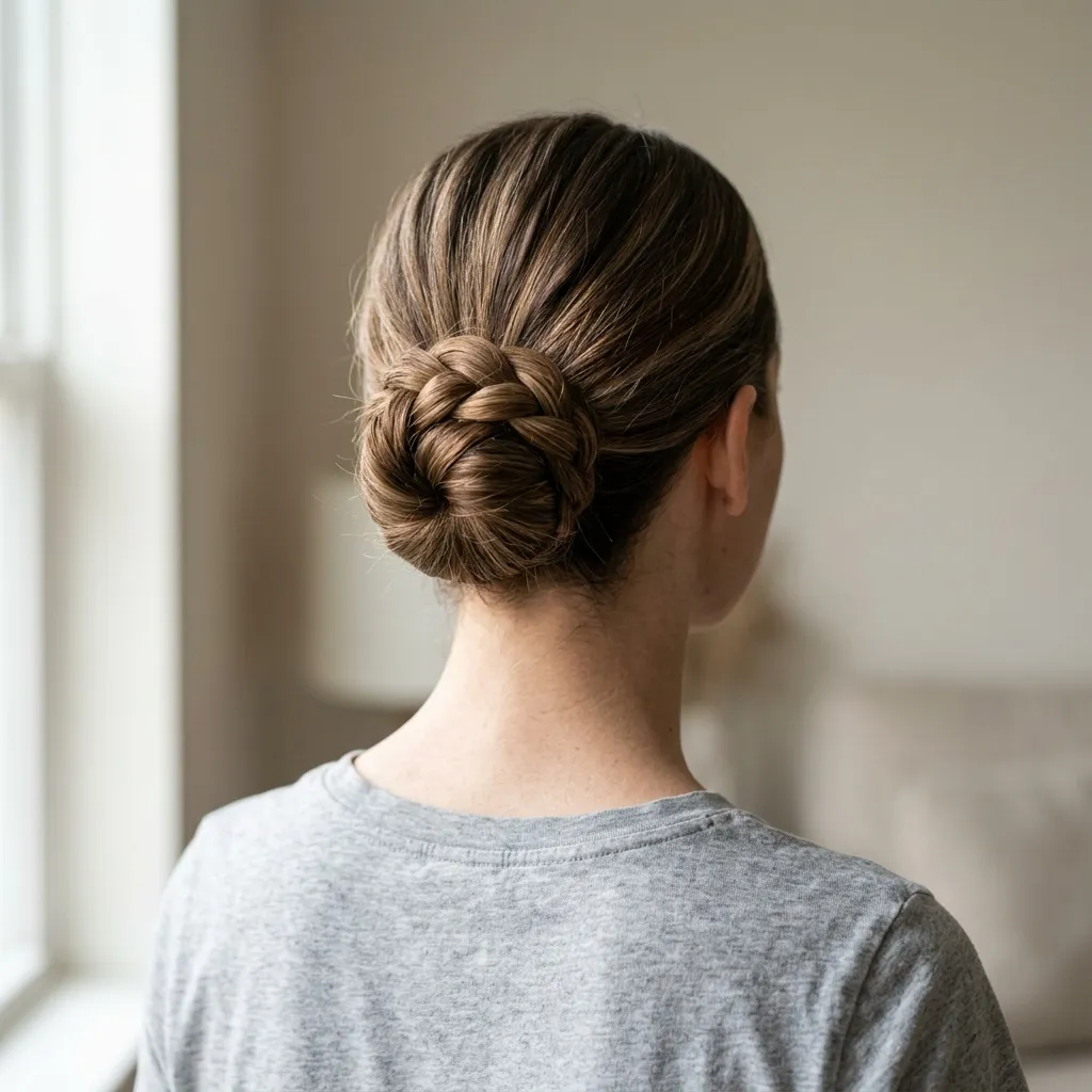 Braided knot bun — light brunette hair braided and coiled into a neat low bun, viewed from behind, grey t-shirt, soft daylight