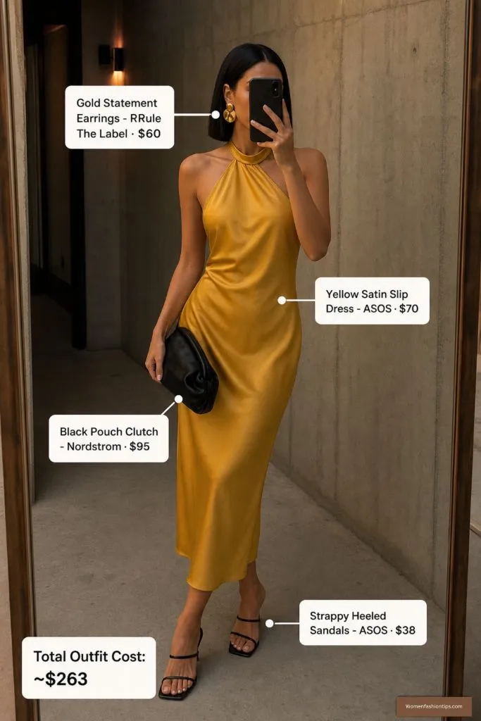 Yellow Satin Slip Dress with Black Accessories