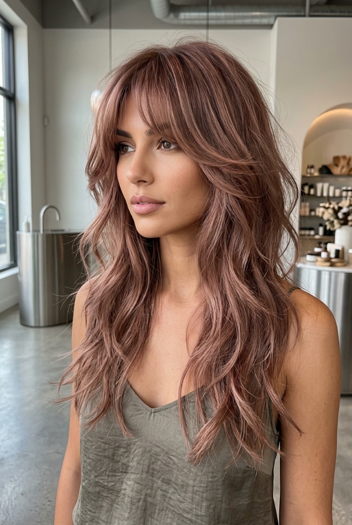 Rose Dust Long Shag Haircut 2026 Rose-toned long shag with curtain bangs and beachy waves styled in a modern salon