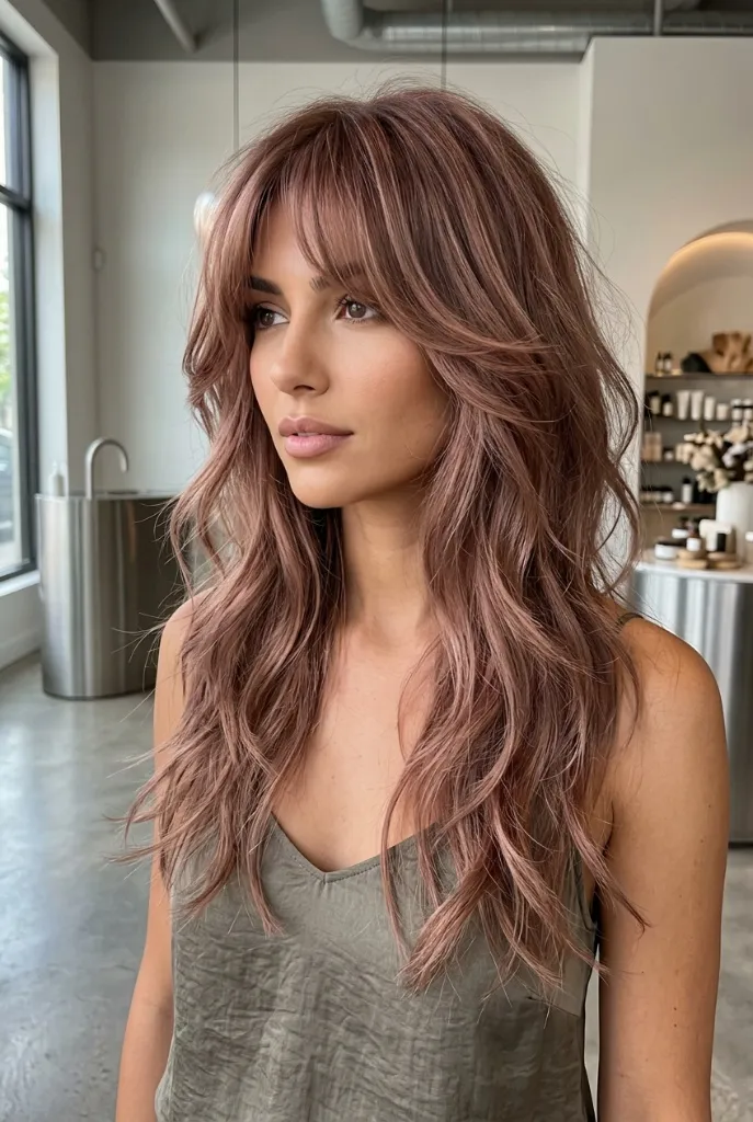 Rose-toned long shag with curtain bangs and beachy waves styled in a modern salon