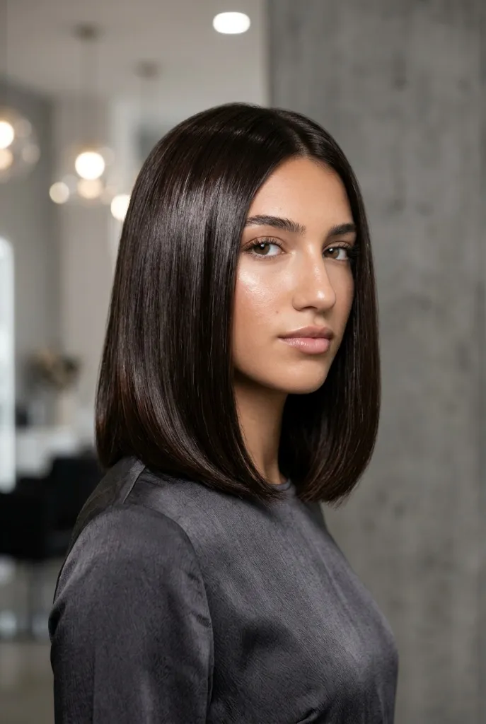 Mirror Finish Brunette Blunt Cut Summer 2026 Ultra-sleek mirror-finish dark brunette blunt lob with glossy shine in a modern salon