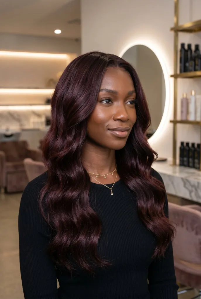 Deep Burgundy Waves Hair Color Summer 2026 Long deep burgundy-wine wavy hair on woman with deep skin tone in luxury salon