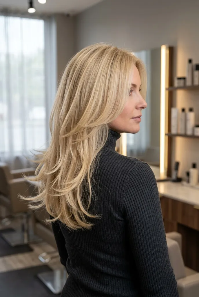 Long layered blonde hair with soft waves and movement, woman in salon, side profile
