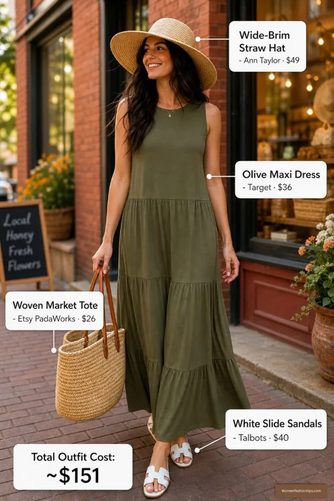 Olive Maxi Dress with Wide-Brim Straw Hat