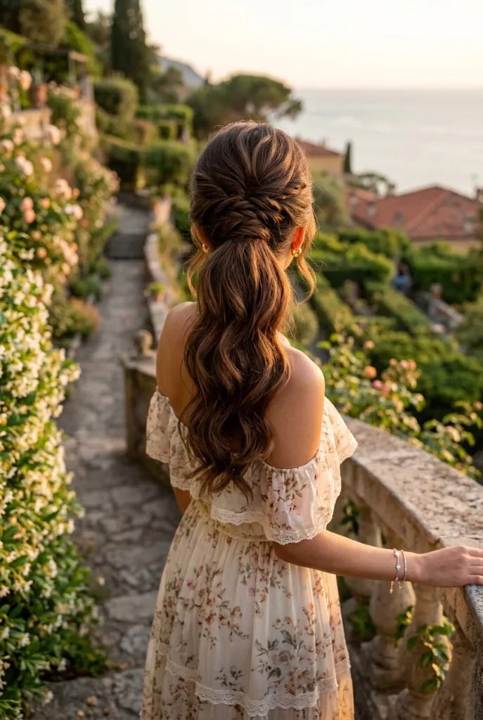 Romantic braided high ponytail from behind, long wavy brunette hair with twisted braid detail, Italian garden sunset