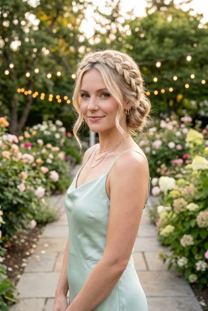 Crown braid updo with blonde hair woven into a halo braid, soft face-framing waves, sage green satin dress in a flower garden with string lights — whimsical romantic vibe