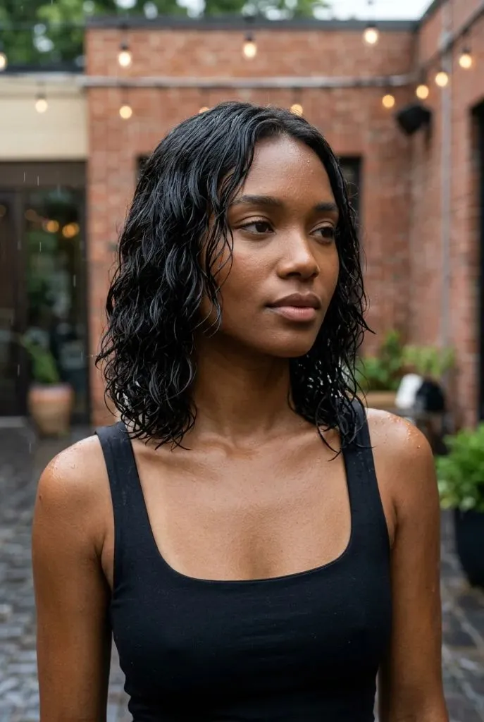 Woman with wet-look shoulder-length wavy bob, black hair, black square-neck tank top, rain-damp brick courtyard with string lights — edgy, urban, confident