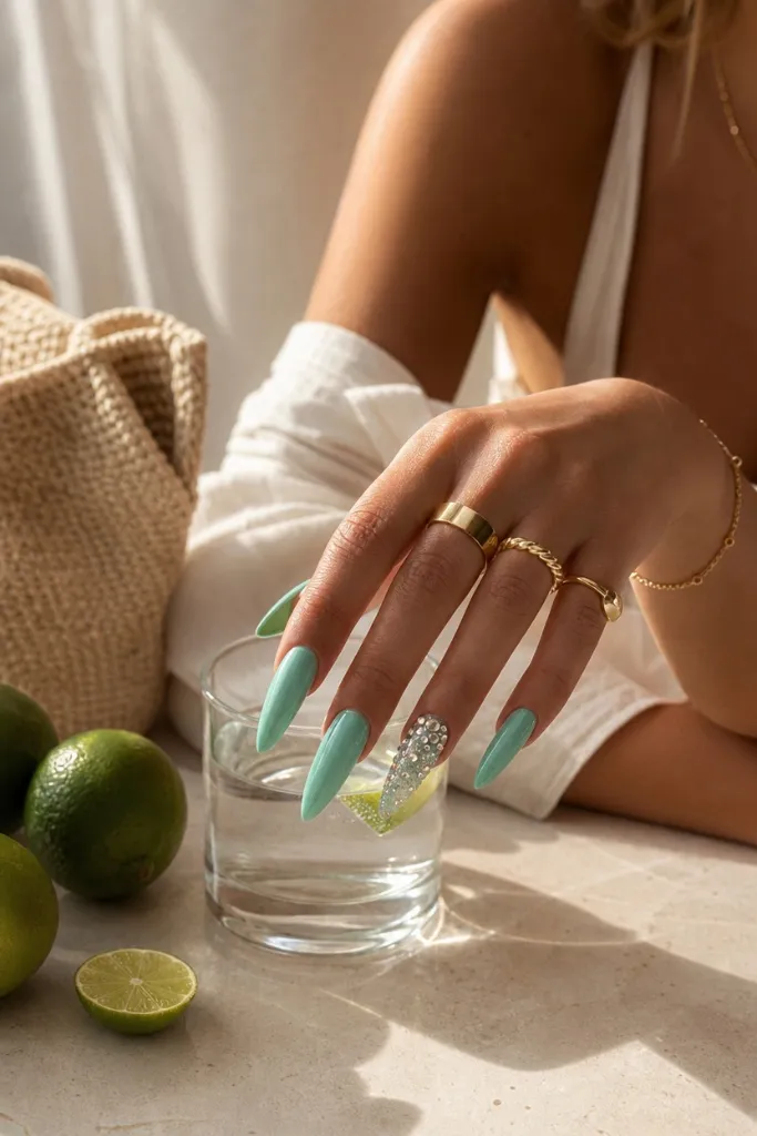 Mint Crystal Almond nails for summer. Summer vibes nails 2026 in mint green with rhinestone accent nail.