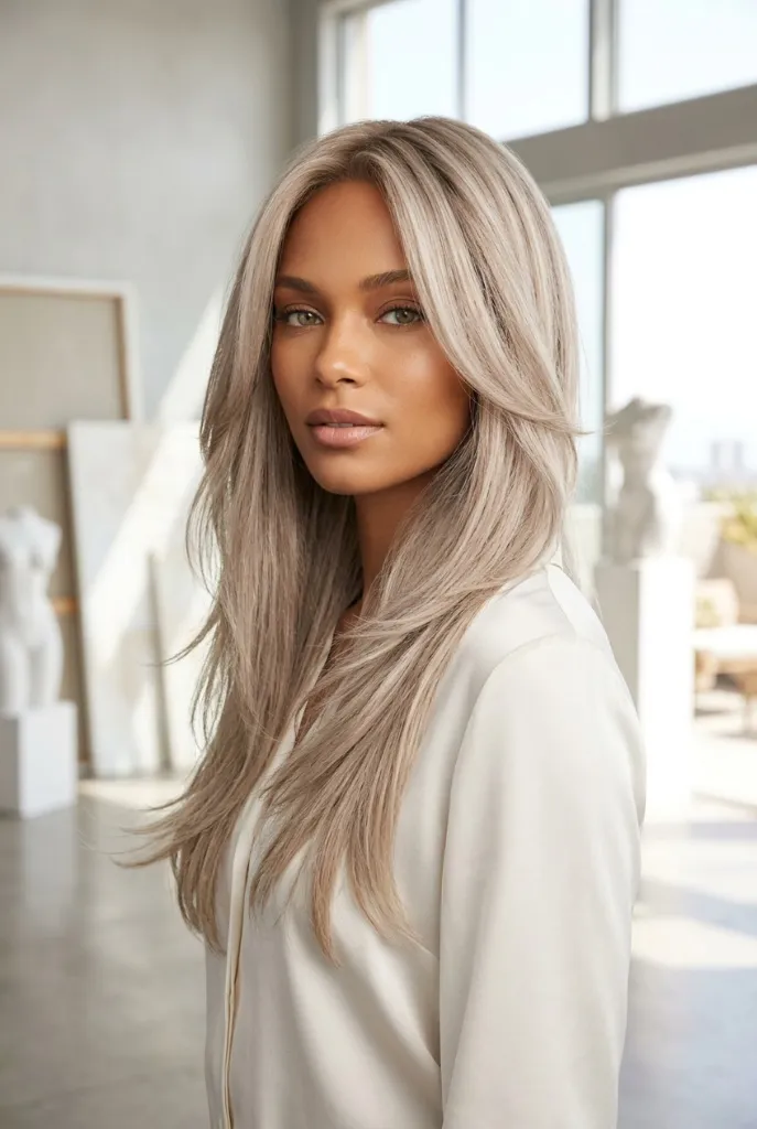 Mushroom Platinum Blonde Hair 2026 Long platinum mushroom blonde hair on a woman in a bright studio