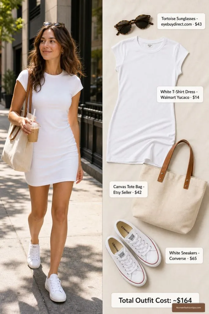 White T-Shirt Dress with Canvas Tote