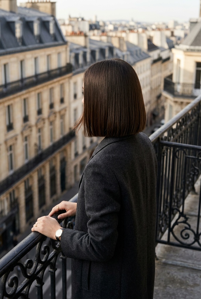 Dark brunette sleek lob viewed from behind on a Parisian balcony with Haussmann buildings — minimalist, quiet luxury