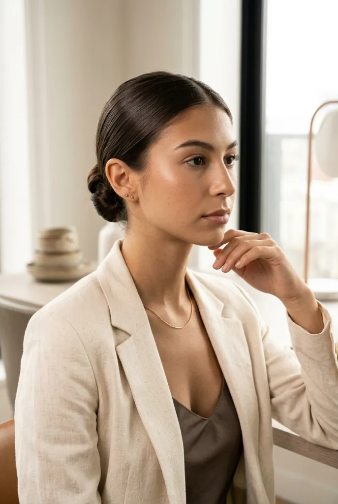 Low twisted bun with center-parted dark hair on a woman in a cream linen blazer in a modern office — minimal, sophisticated, polished