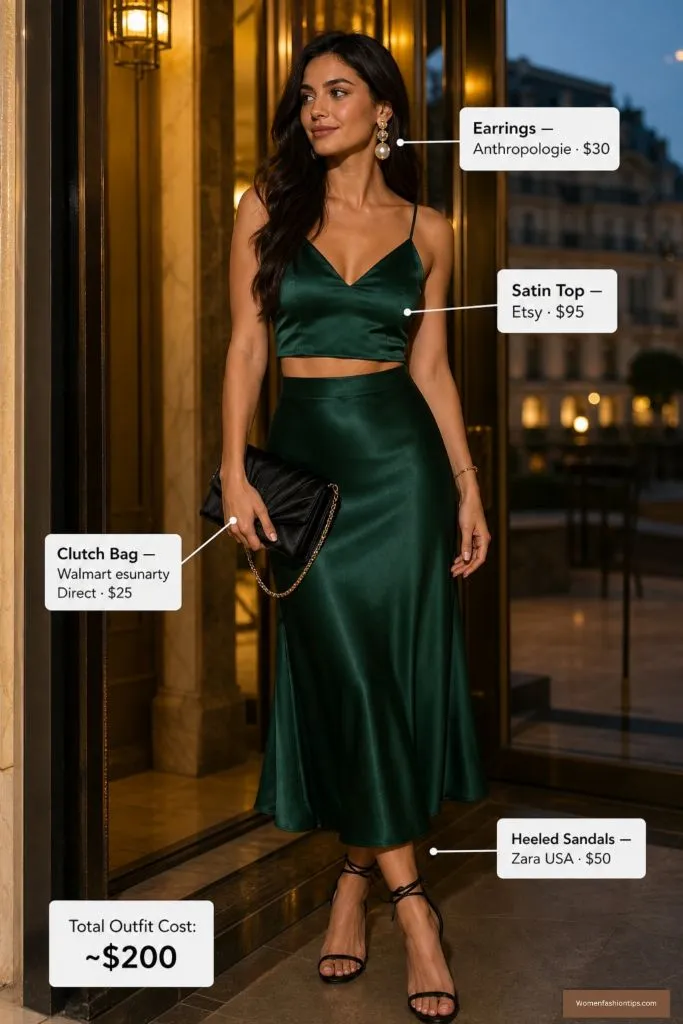 Emerald green satin crop top and midi skirt set