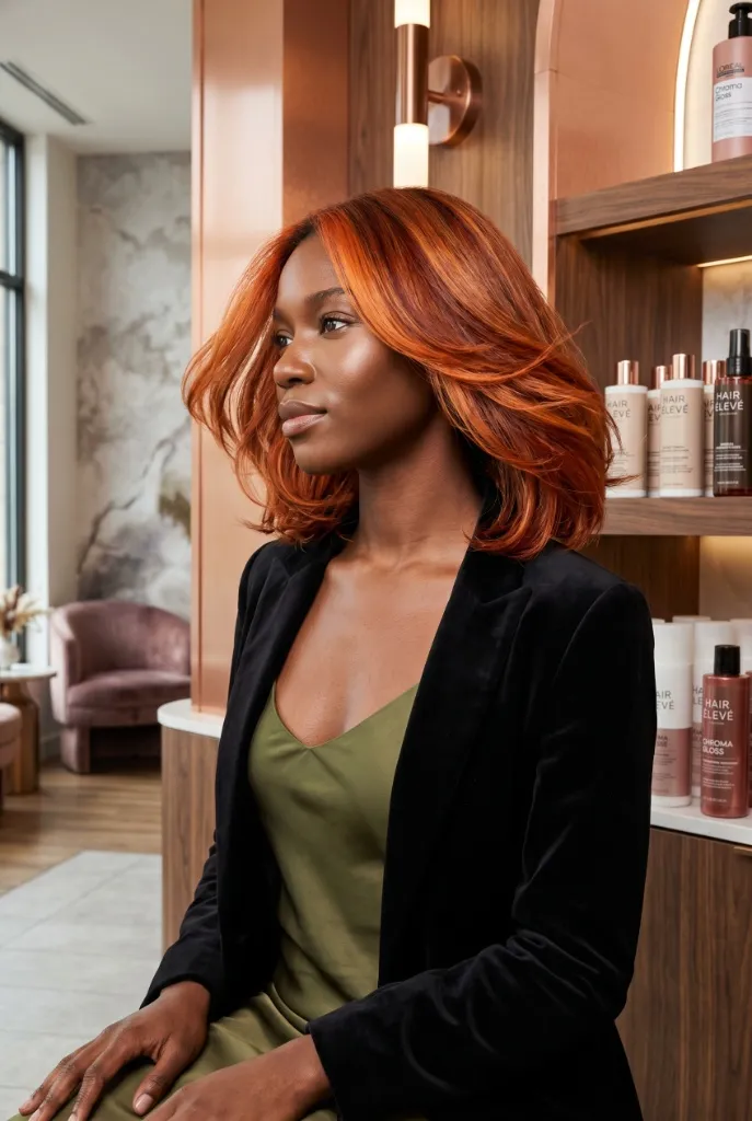 Autumn Copper Waves Hair Color Summer 2026 Auburn copper medium bob with soft waves and movement on deep skin tone in salon