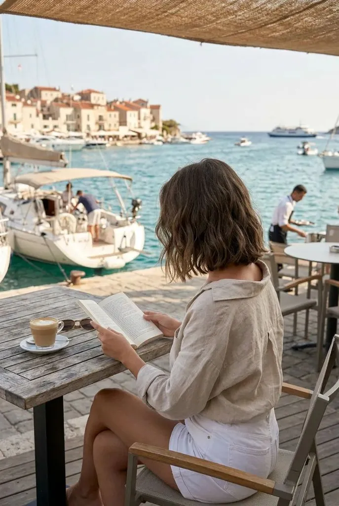 Woman reading a book at waterfront café with short tousled wavy bob, beige linen shirt, white shorts, coffee and sunglasses on table, Mediterranean harbor with boats — literary, relaxed, European-chic
