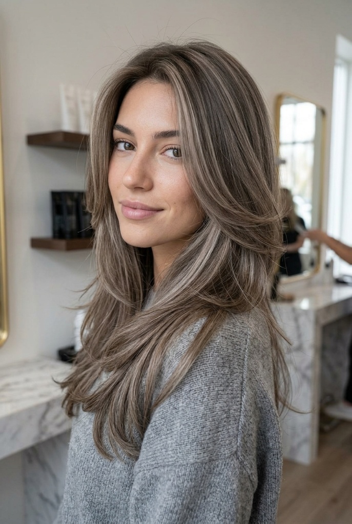 Mushroom Bronde Volume Layer Summer 2026 Long voluminous brunette hair with ashy mushroom bronde highlights and layered face-framing pieces in a salon