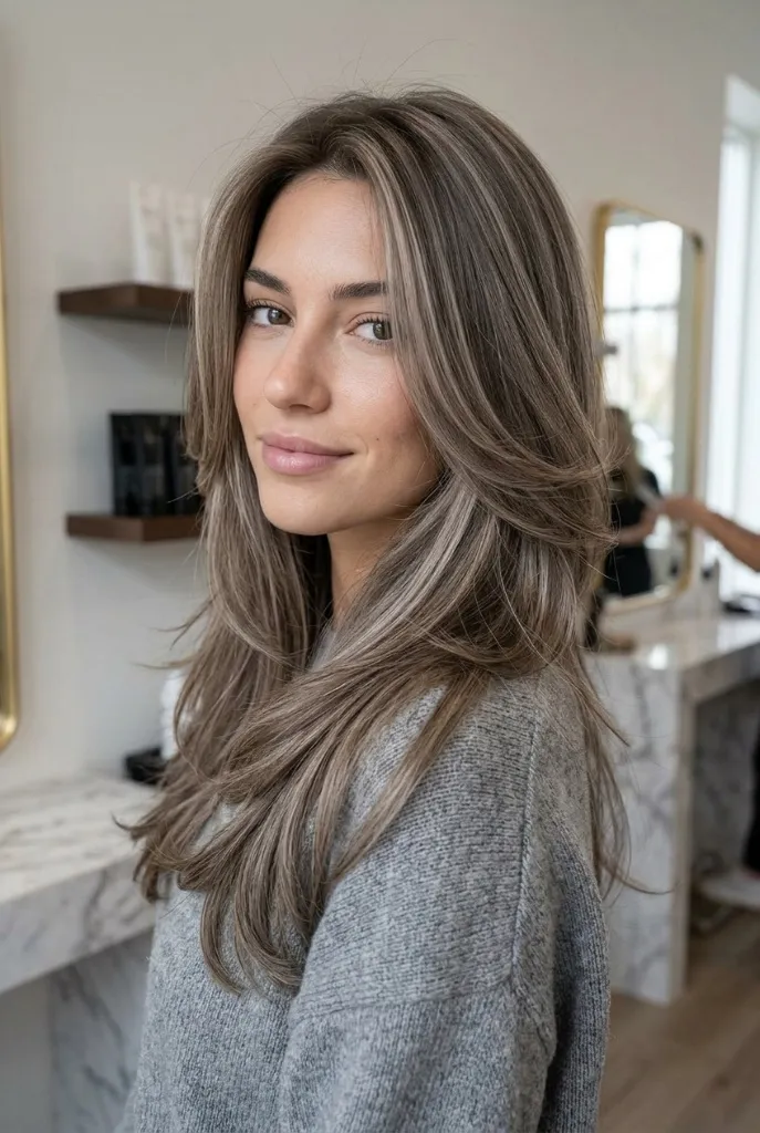 Mushroom Bronde Volume Layer Summer 2026 Long voluminous brunette hair with ashy mushroom bronde highlights and layered face-framing pieces in a salon