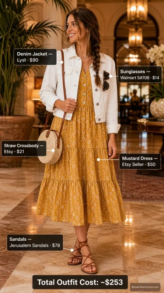 Mustard Dress and White Denim Jacket
