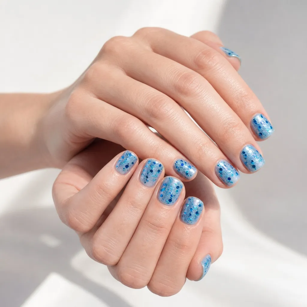 Glitter Jelly nails for summer. Summer vibes nails 2026 in translucent blue with chunky flecks.