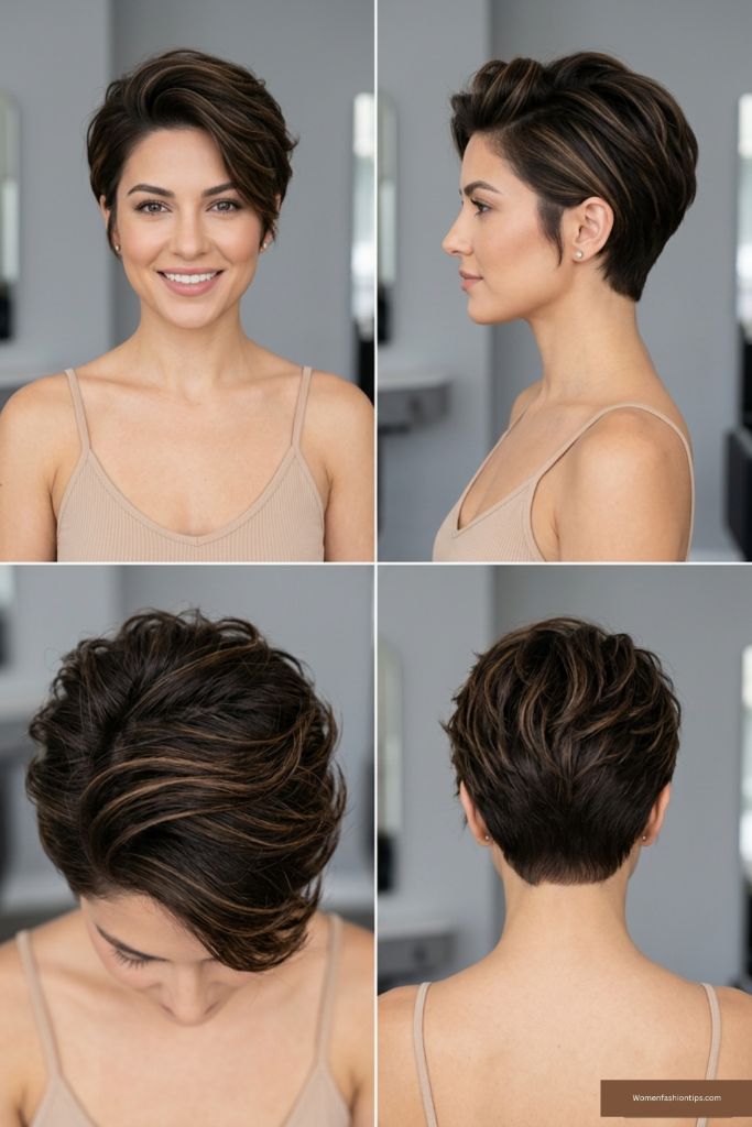 Sculpted Brunette Pixie With Highlights
