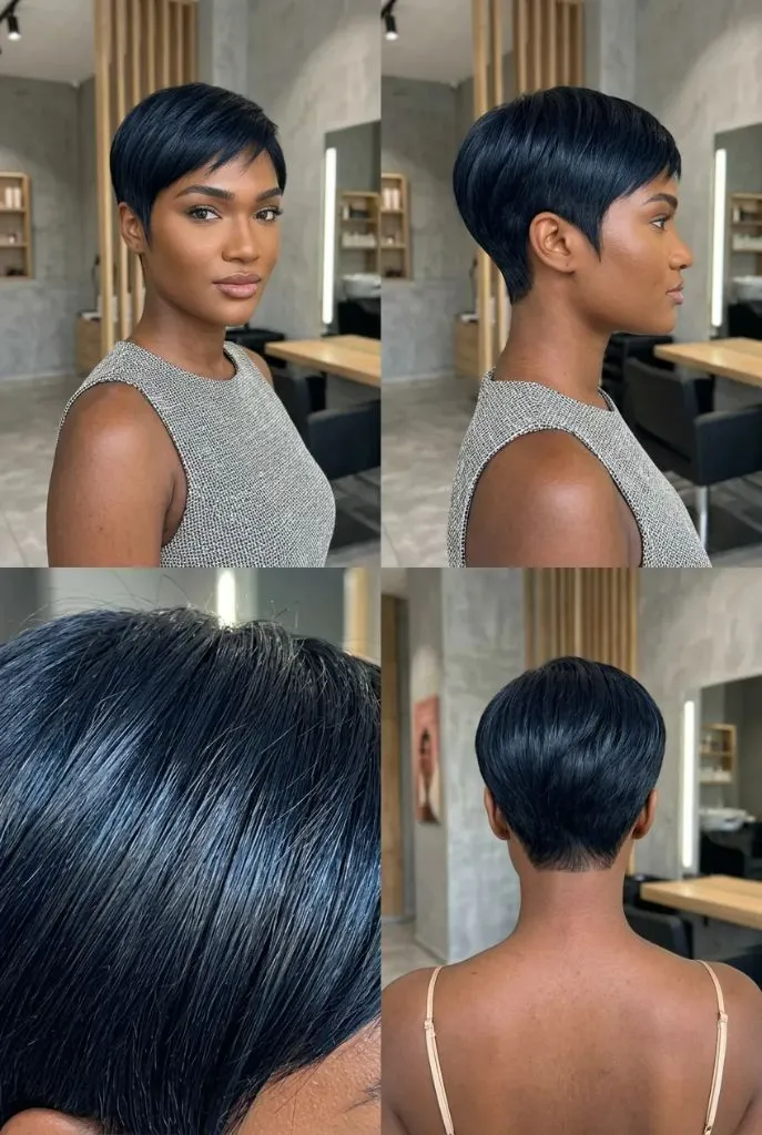 Sleek black pixie cut with choppy razor-cut layers shown from four angles in a modern salon