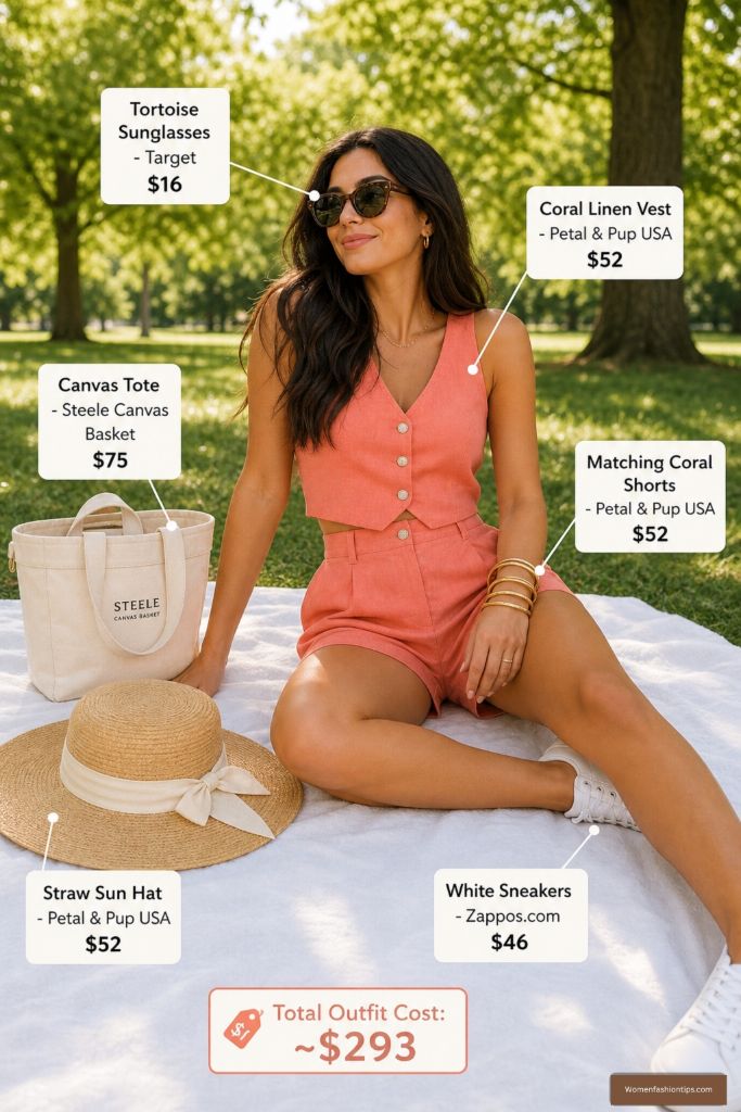 Coral Linen Vest and Shorts Outfit