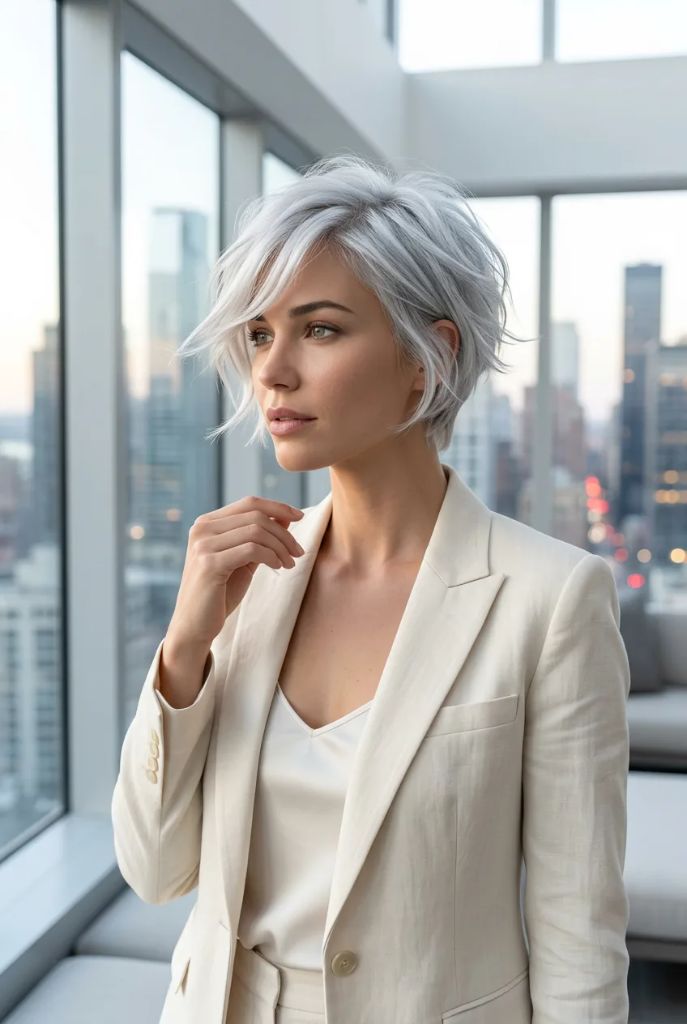 Silver-white layered pixie cut with volume and textured layers in a modern penthouse with city skyline
