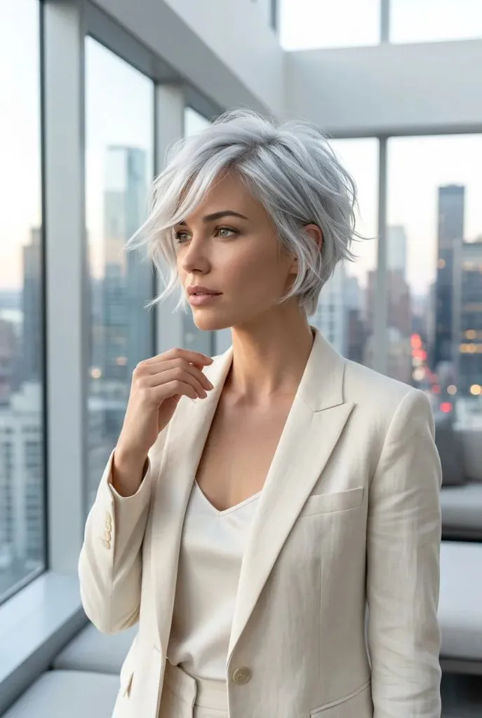 Silver-white layered pixie cut with volume and textured layers in a modern penthouse with city skyline