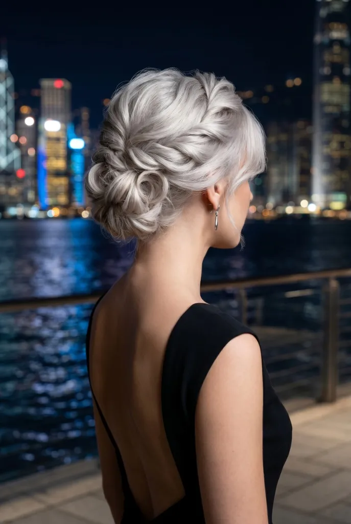 Textured twisted updo with silver platinum hair swept into a loose braided and twisted bun at the nape, black open-back dress, waterfront cityscape at night — sophisticated modern glamour vibe