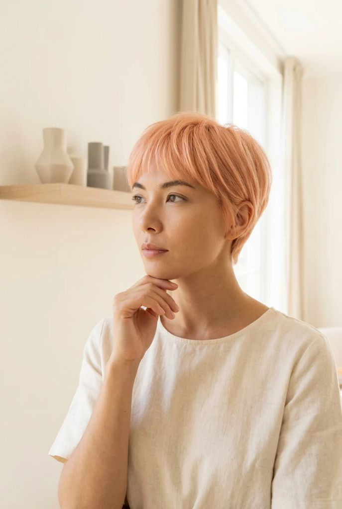 Soft peach-pink toned pixie cut with smooth rounded shape and micro-fringe in a warm minimalist interior