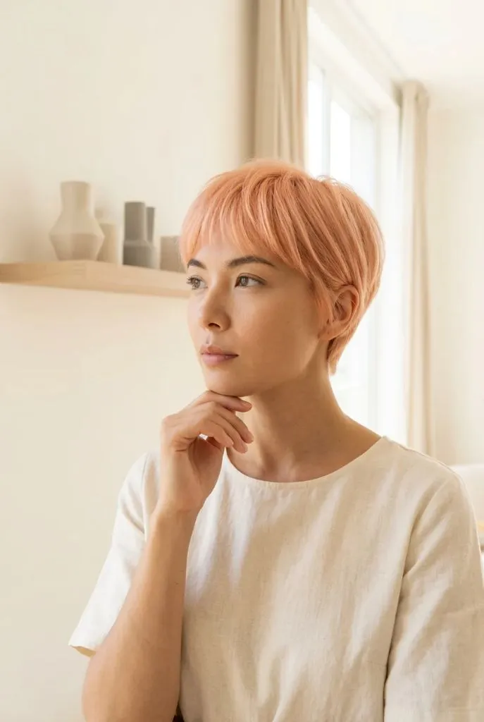 Soft peach-pink toned pixie cut with smooth rounded shape and micro-fringe in a warm minimalist interior