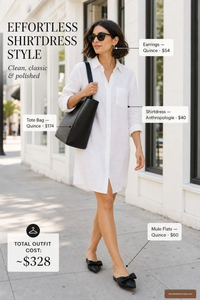 White linen shirtdress with black tote and mule flats