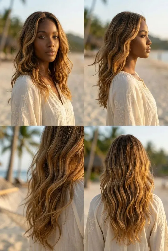 Four-panel view of long warm balayage waves on dark skin, caramel and honey tones on dark brown base, cream embroidered blouse, tropical beach with palm trees — sun-kissed, radiant, dimensional