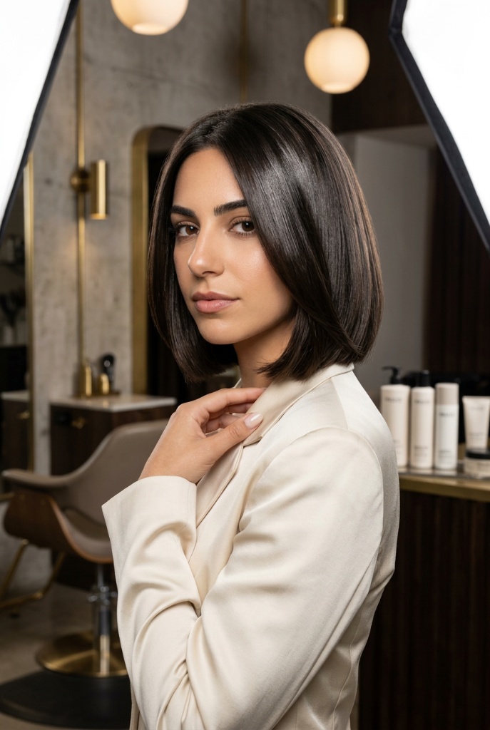 Sleek Espresso Bob Brunette Hair Color Summer 2026 Sleek dark espresso bob with subtle shine on straight hair in a salon setting