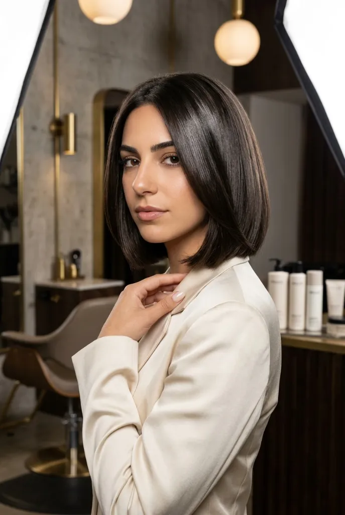 Sleek Espresso Bob Brunette Hair Color Summer 2026 Sleek dark espresso bob with subtle shine on straight hair in a salon setting