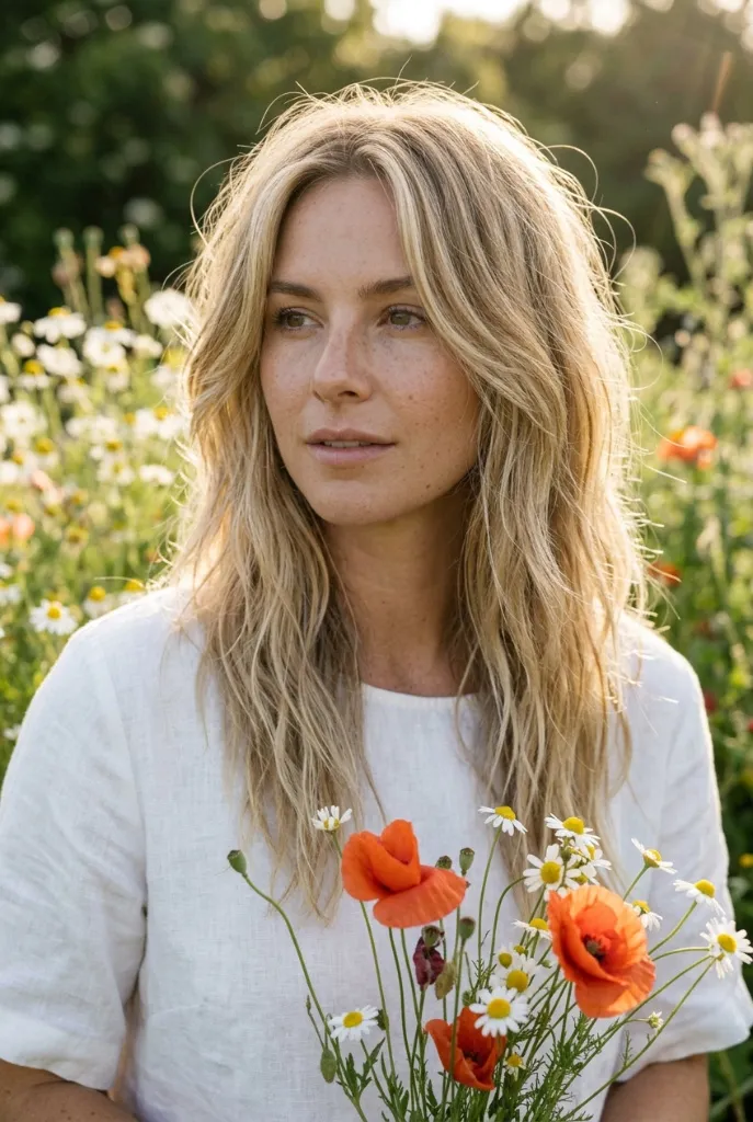 Long, natural wavy blonde hair with a center part in a flower field