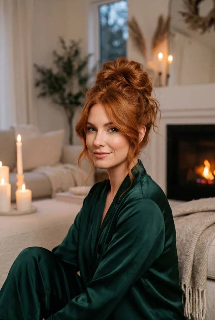 Messy high bun updo with copper red hair piled loosely on top of head, wispy face-framing pieces, emerald green satin pajama set, cozy living room with fireplace and candles — relaxed luxe vibe
