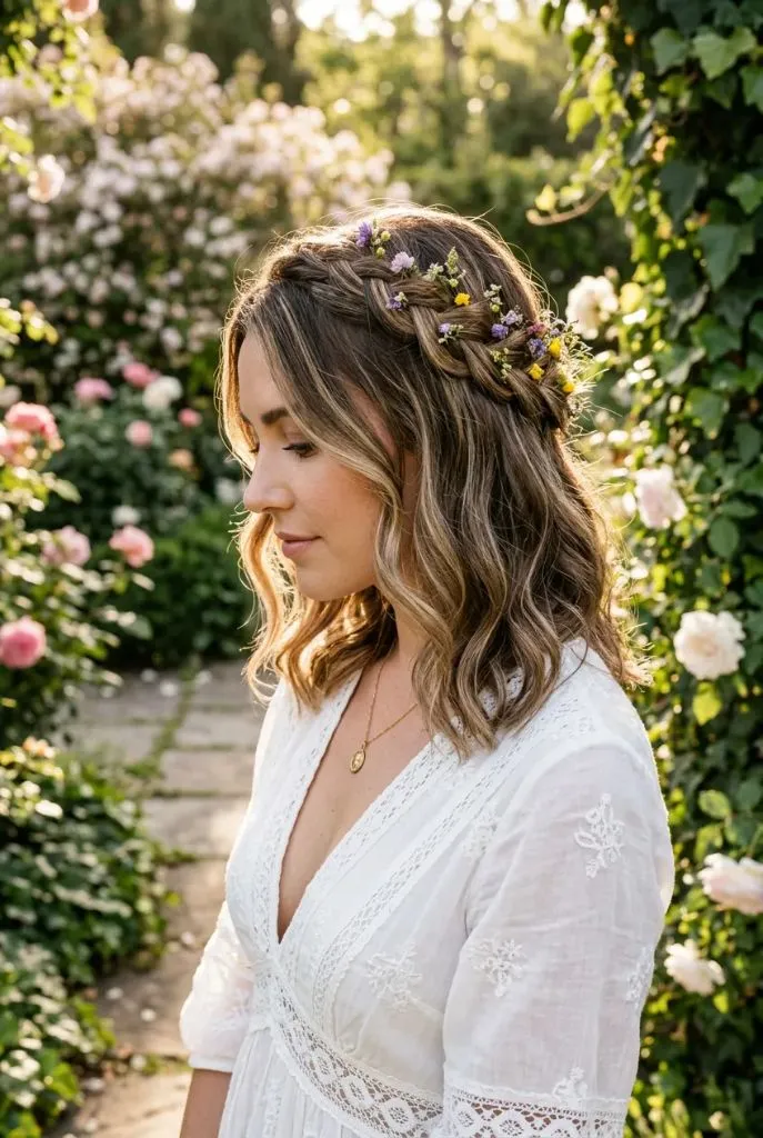Woman in profile with medium-length wavy brown hair with blonde highlights, small braided crown woven with wildflowers, white eyelet blouse, lush rose garden with sunlight filtering through — whimsical, garden-party, bohemian