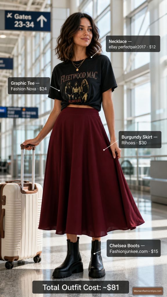 Graphic Tee and Burgundy Skirt