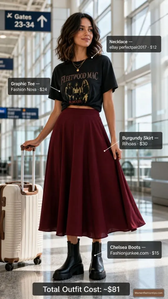 Graphic Tee and Burgundy Skirt