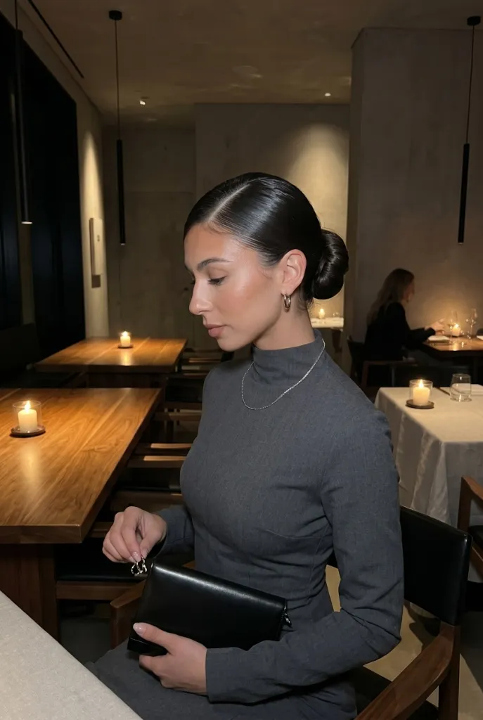 Sleek low bun updo with glossy dark hair pulled back smoothly into a low chignon, grey mock-neck top, candlelit restaurant setting — sophisticated minimal vibe