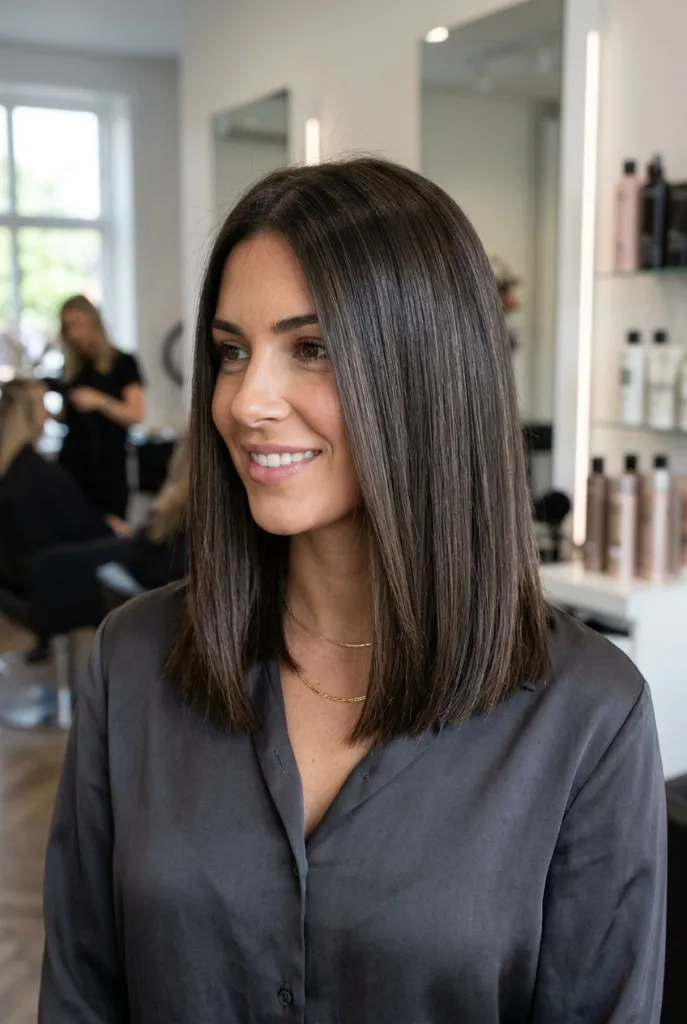 Glass Lob Sleek Brunette Hair Summer 2026 Sleek straight dark brunette lob with glossy finish in a salon setting