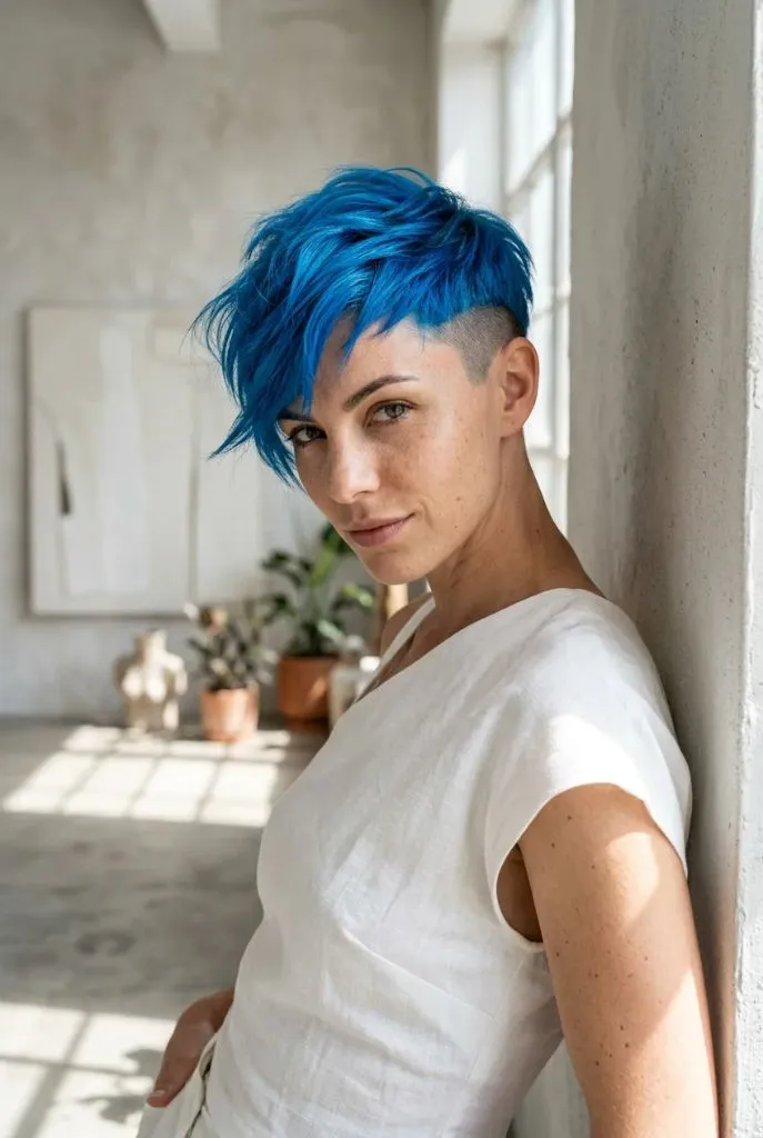 Electric blue undercut pixie with textured fringe and shaved sides in a bright minimalist studio