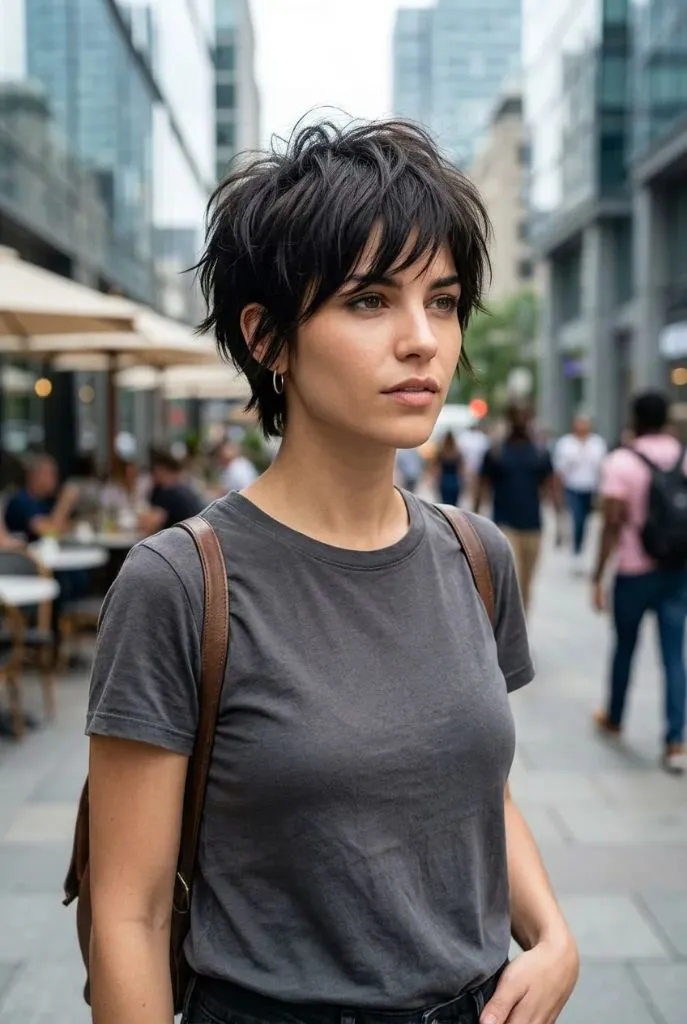 Deconstructed ash brown shaggy pixie cut with textured layers on a woman in a city street